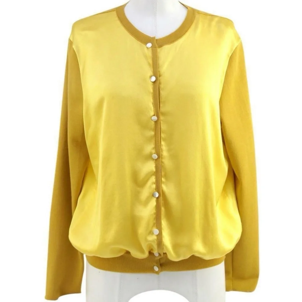 YSL YVES SAINT LAURENT Cardigan Sweater Knit Dress Top Yellow Silk Wool Sz 40